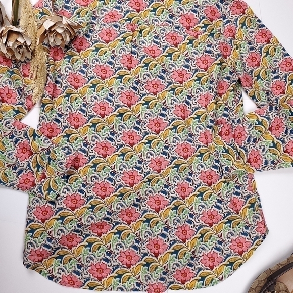 TALBOTS Cream Pink Tan Floral Print Casual Button Down Top Sz M - Picture 11 of 13